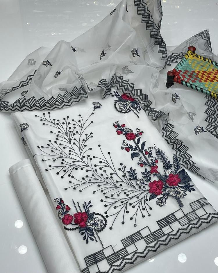 3 Pcs Women's Unstitched Organza Embroidered Suit