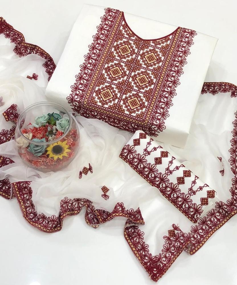 3 Pcs Women's Unstitched Cotton Lawn Embroidered Suit