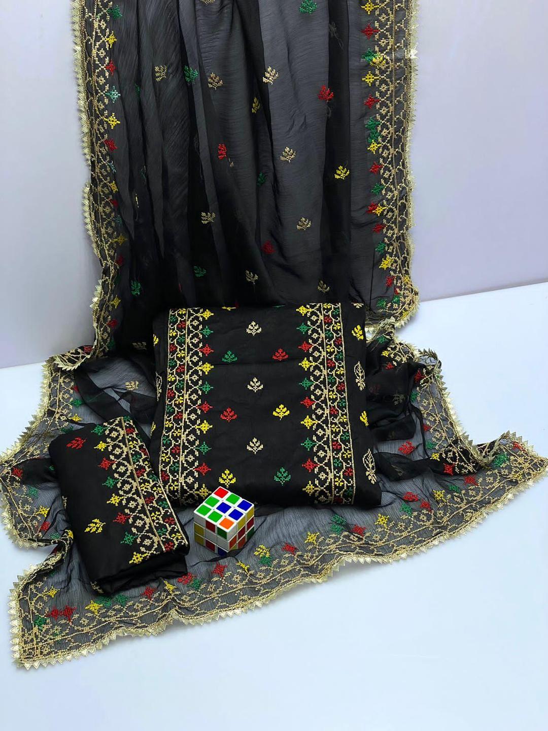 3 Pcs Women's Unstitched Zari Tilla Embroidered Suit