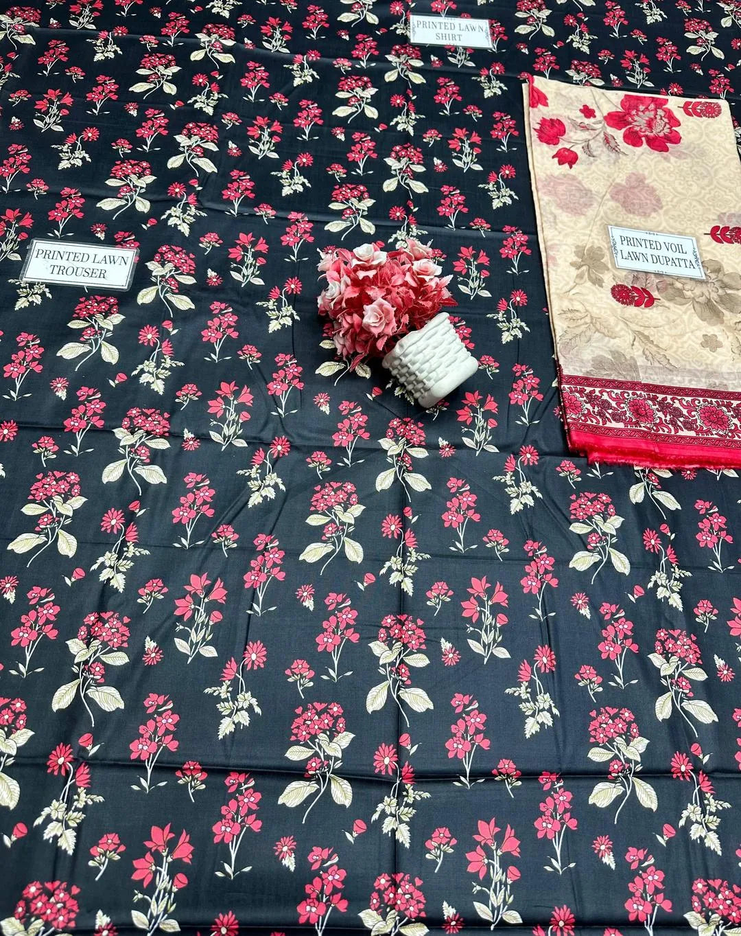 Unstitched Printed Lawn Suit 3 Pcs Floral Red White Black