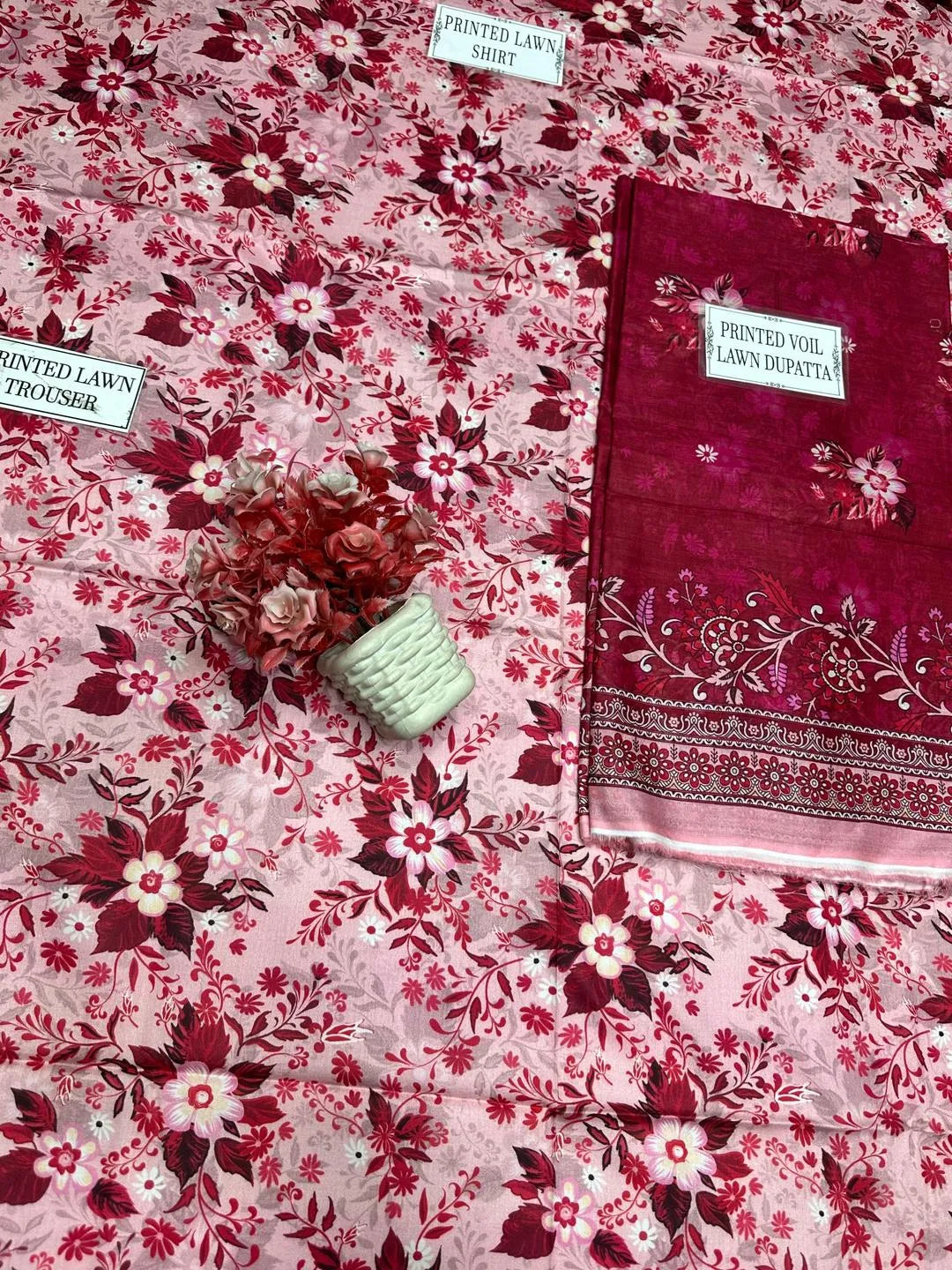 3-Piece Printed Lawn Suit Pink Red Floral Summer Wear