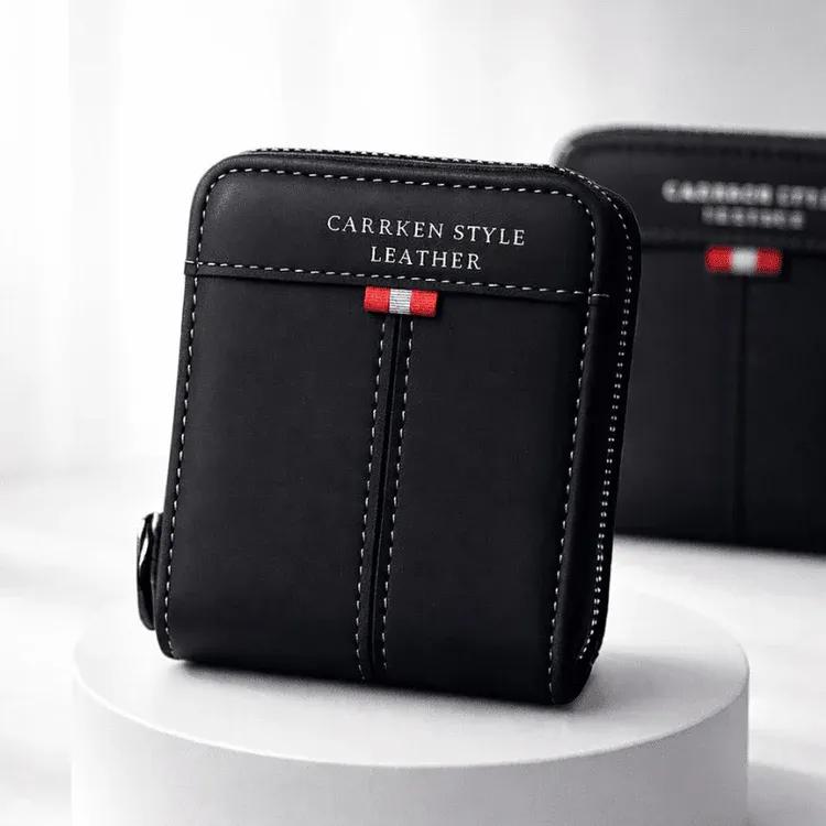 Men's Slim Leather Wallet Zipper Black Brown Blue Grey