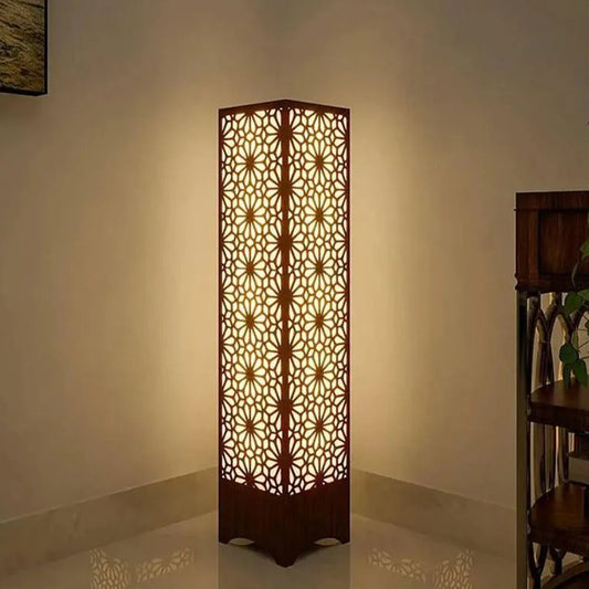 Large Wooden Floor Lamp with Intricate Cutout Design, Dark Brown, Golden Light
