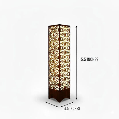 Large Wooden Floor Lamp with Intricate Cutout Design, Dark Brown, Golden Light