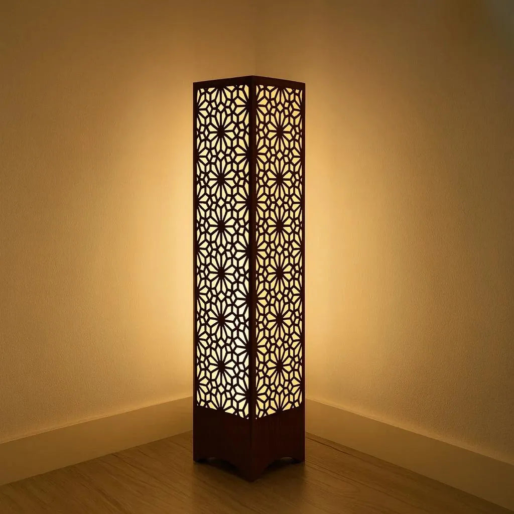Large Wooden Floor Lamp with Intricate Cutout Design, Dark Brown, Golden Light