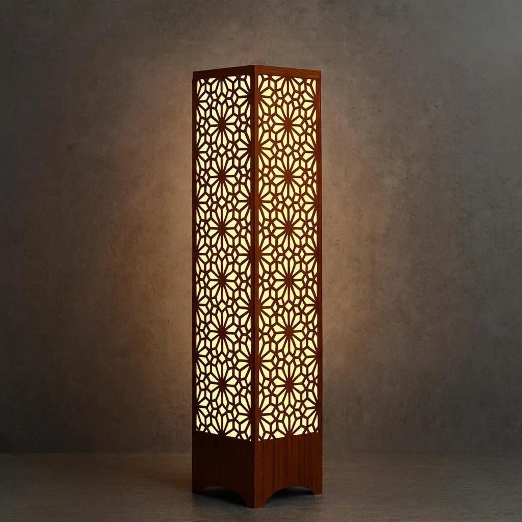 Large Wooden Floor Lamp with Intricate Cutout Design, Dark Brown, Golden Light