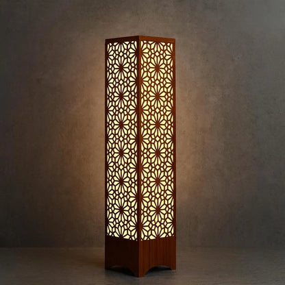 Large Wooden Floor Lamp with Intricate Cutout Design, Dark Brown, Golden Light
