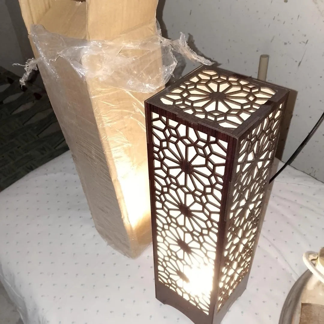 Large Wooden Floor Lamp with Intricate Cutout Design, Dark Brown, Golden Light