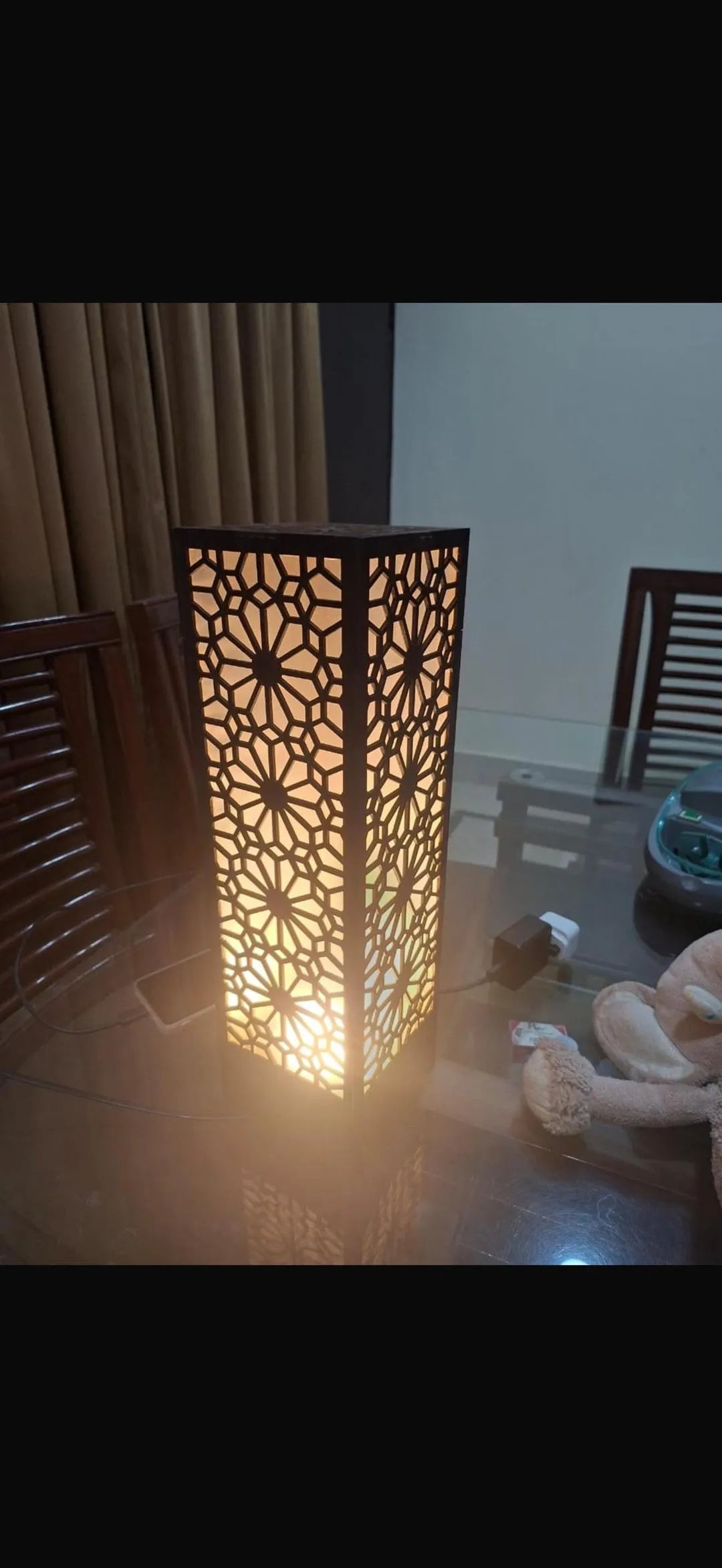 Large Wooden Floor Lamp with Intricate Cutout Design, Dark Brown, Golden Light