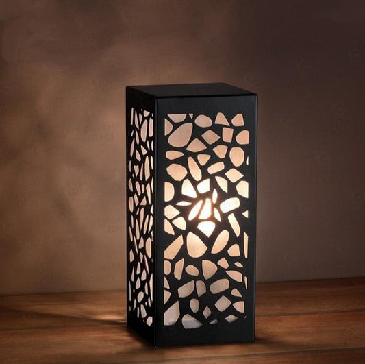Medium Black Laser Cut Wooden Table Lamp with Golden Light