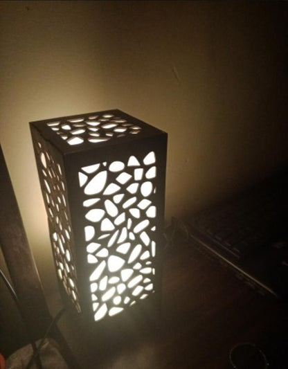 Medium Black Laser Cut Wooden Table Lamp with Golden Light
