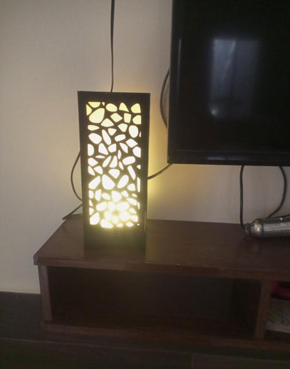 Medium Black Laser Cut Wooden Table Lamp with Golden Light