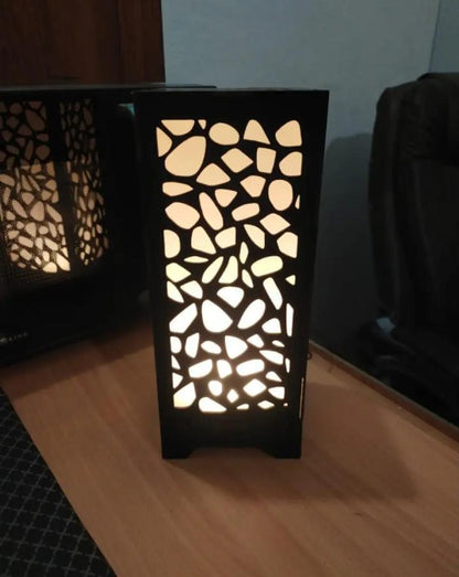 Medium Black Laser Cut Wooden Table Lamp with Golden Light