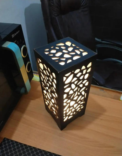 Medium Black Laser Cut Wooden Table Lamp with Golden Light