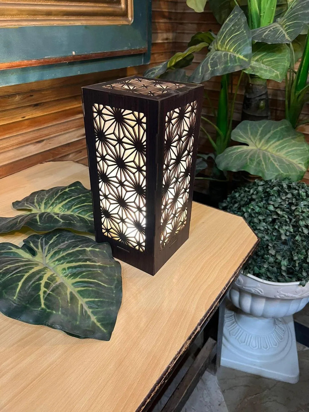 Japanese Wooden Shoji Table Lamp Dark Brown LED Night Light