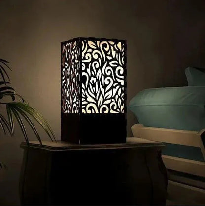 Elegant Black Wooden Laser Cut LED Table Lamp for Bedroom