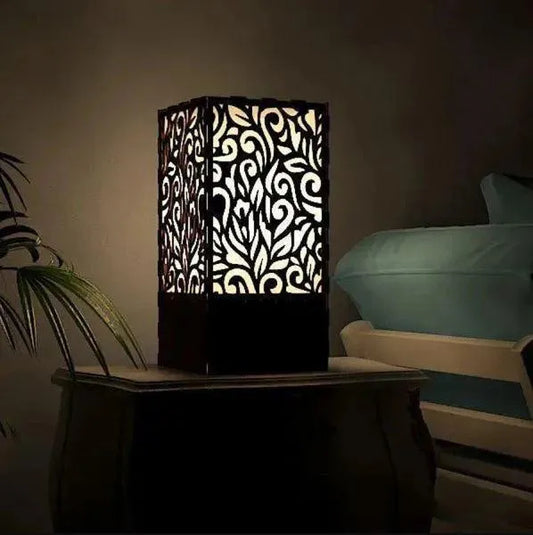 Elegant Black Wooden Laser Cut LED Table Lamp for Bedroom
