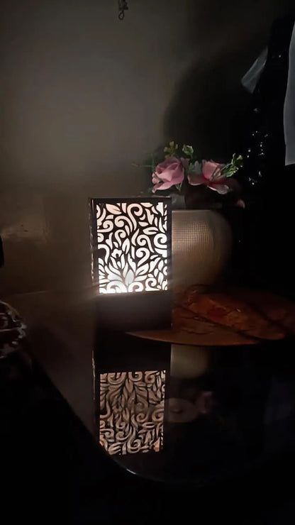 Elegant Black Wooden Laser Cut LED Table Lamp for Bedroom