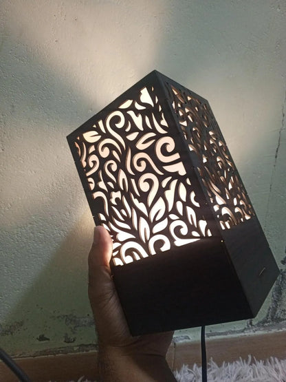 Elegant Black Wooden Laser Cut LED Table Lamp for Bedroom