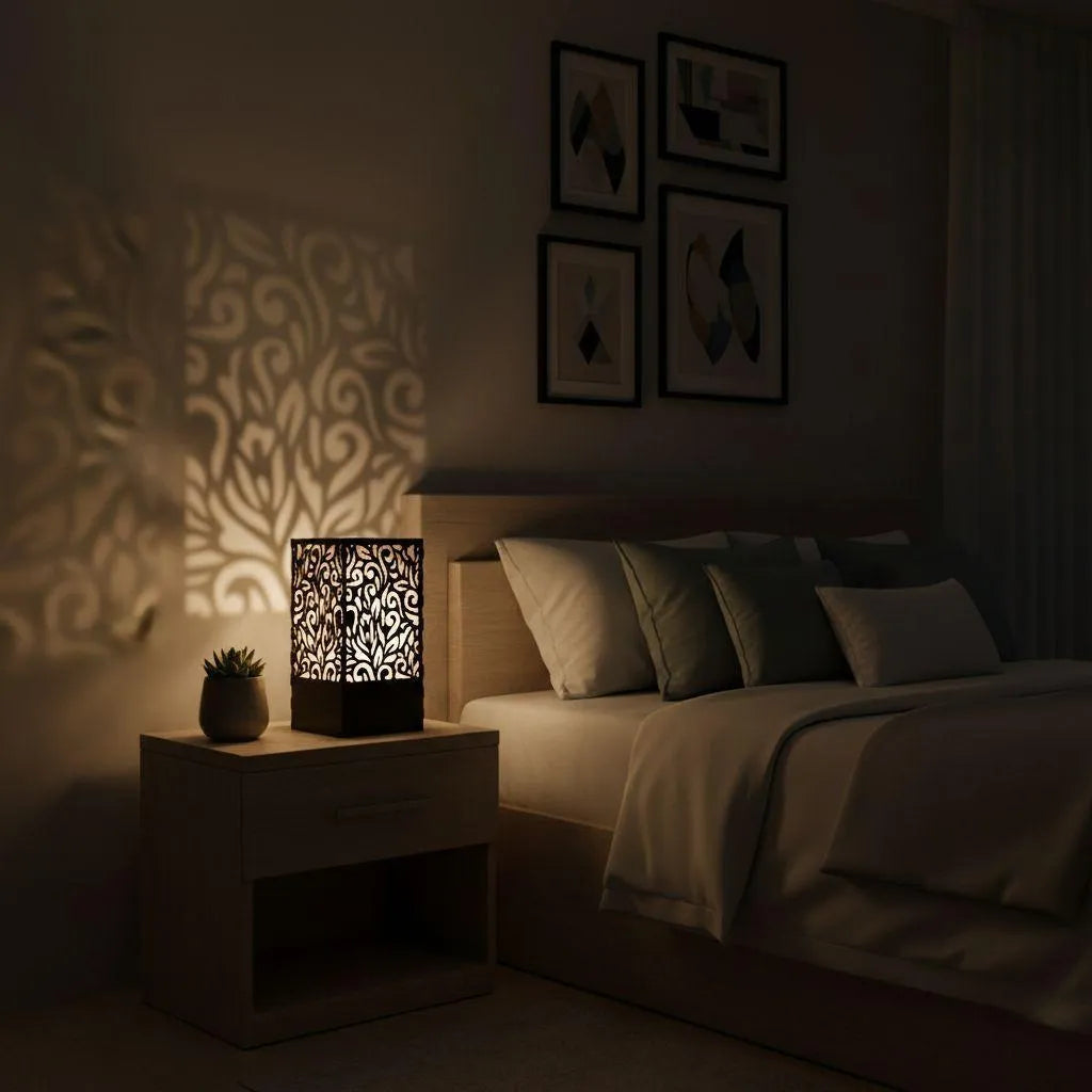 Elegant Black Wooden Laser Cut LED Table Lamp for Bedroom