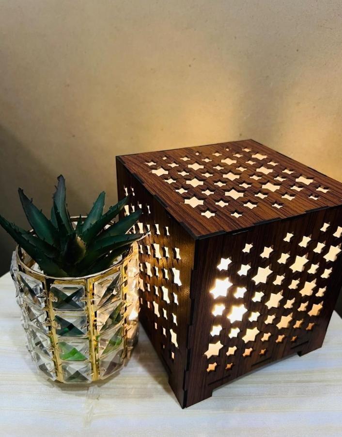Rechargeable Star Cut Wooden Table Lamp Brown 6x6"