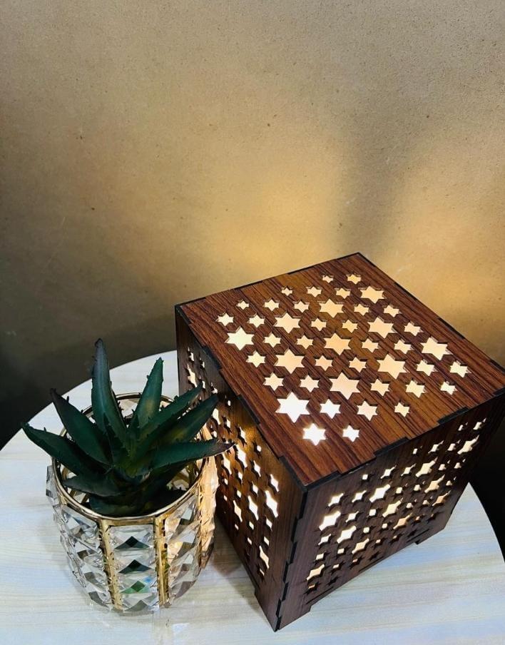 Rechargeable Star Cut Wooden Table Lamp Brown 6x6"