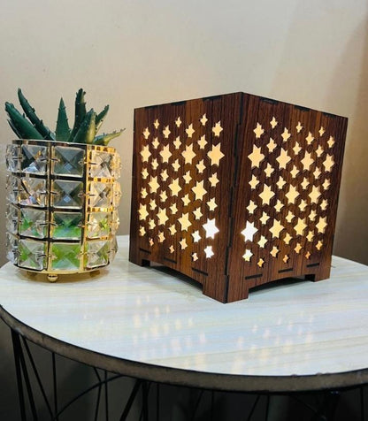 Rechargeable Star Cut Wooden Table Lamp Brown 6x6"