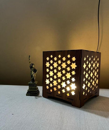 Rechargeable Star Cut Wooden Table Lamp Brown 6x6"