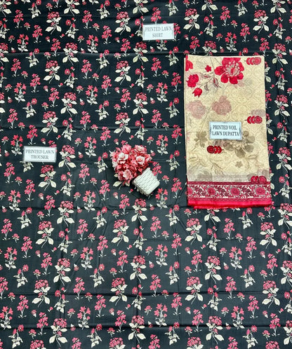 Unstitched Printed Lawn Suit 3 Pcs Floral Red White Black