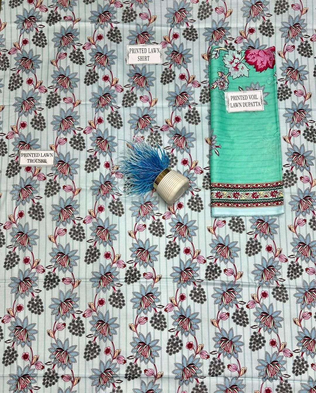 3-Piece Printed Lawn Suit Blue Floral for Women