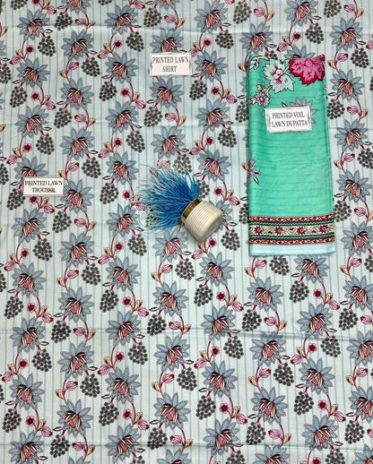 3-Piece Printed Lawn Suit Blue Floral for Women