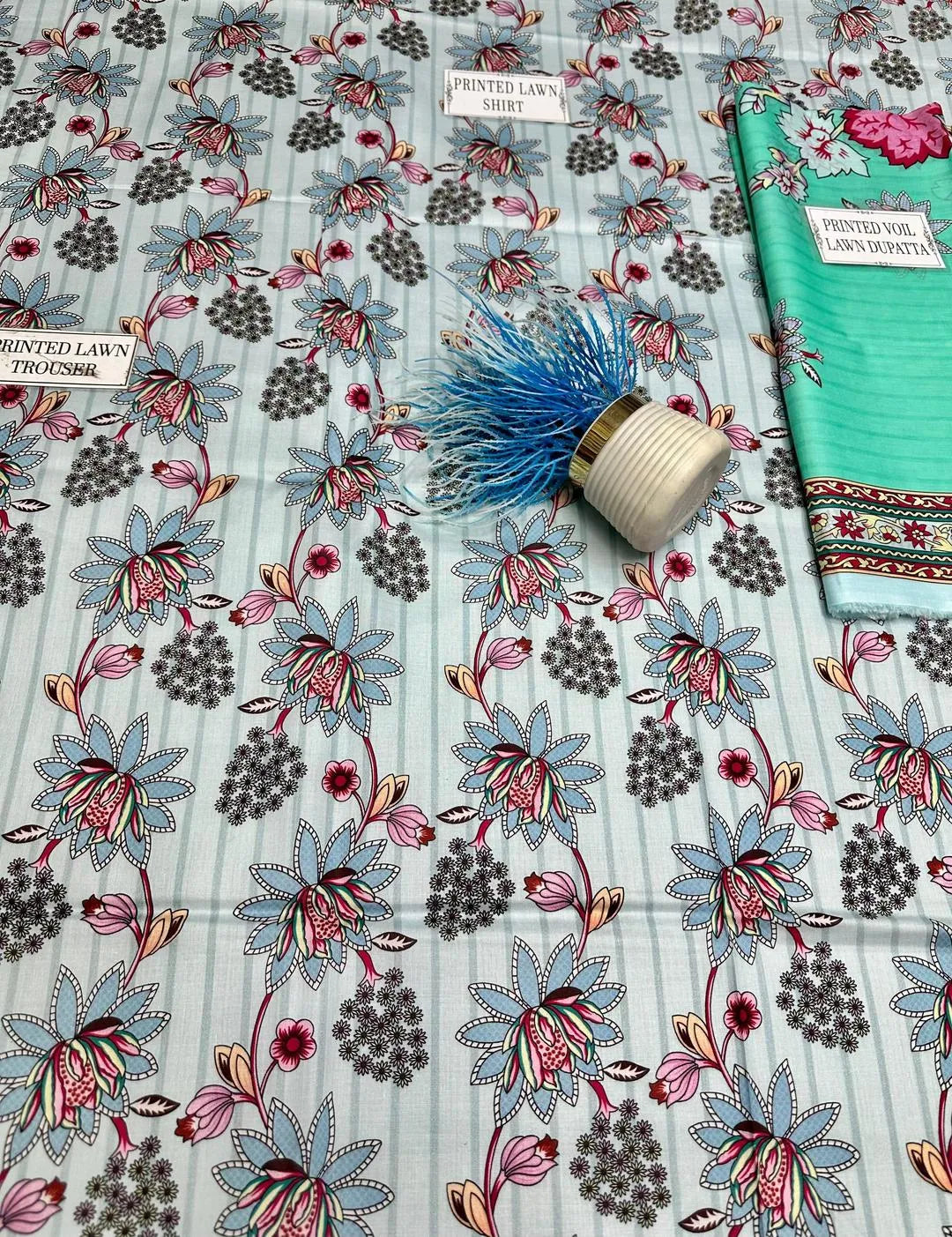 3-Piece Printed Lawn Suit Blue Floral for Women