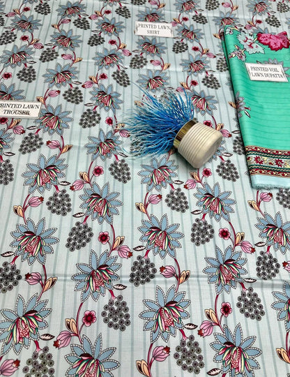 3-Piece Printed Lawn Suit Blue Floral for Women