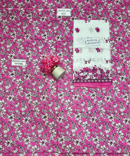 Unstitched Printed Lawn Suit Pink Floral 3-Piece Set