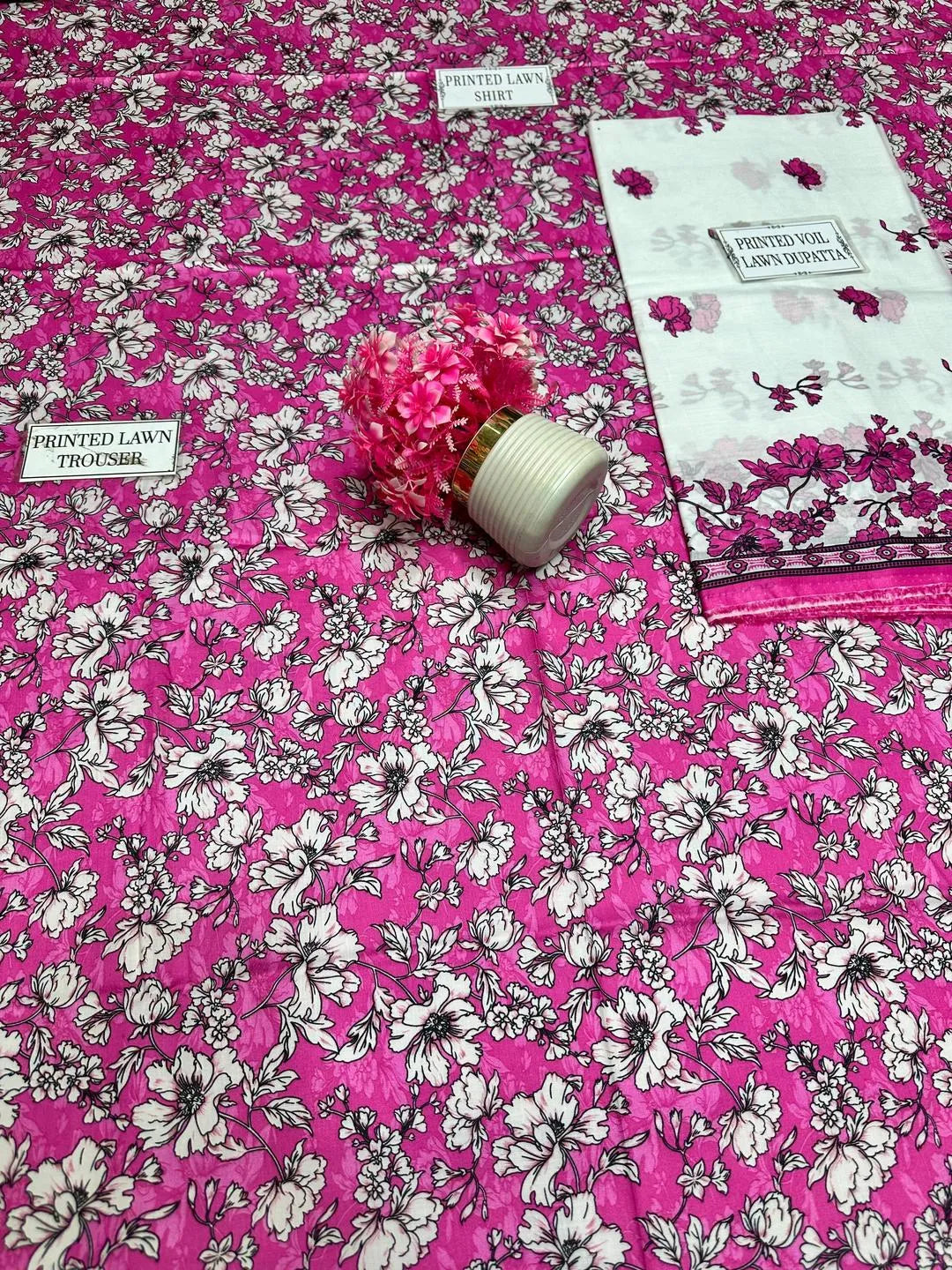 Unstitched Printed Lawn Suit Pink Floral 3-Piece Set