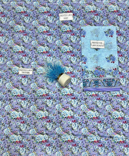Unstitched Printed Lawn Suit Purple Floral 3Pc