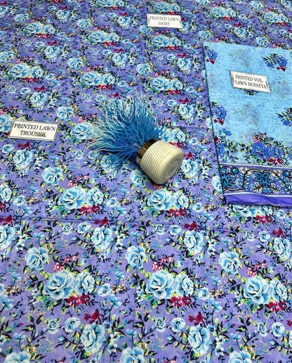 Unstitched Printed Lawn Suit Purple Floral 3Pc
