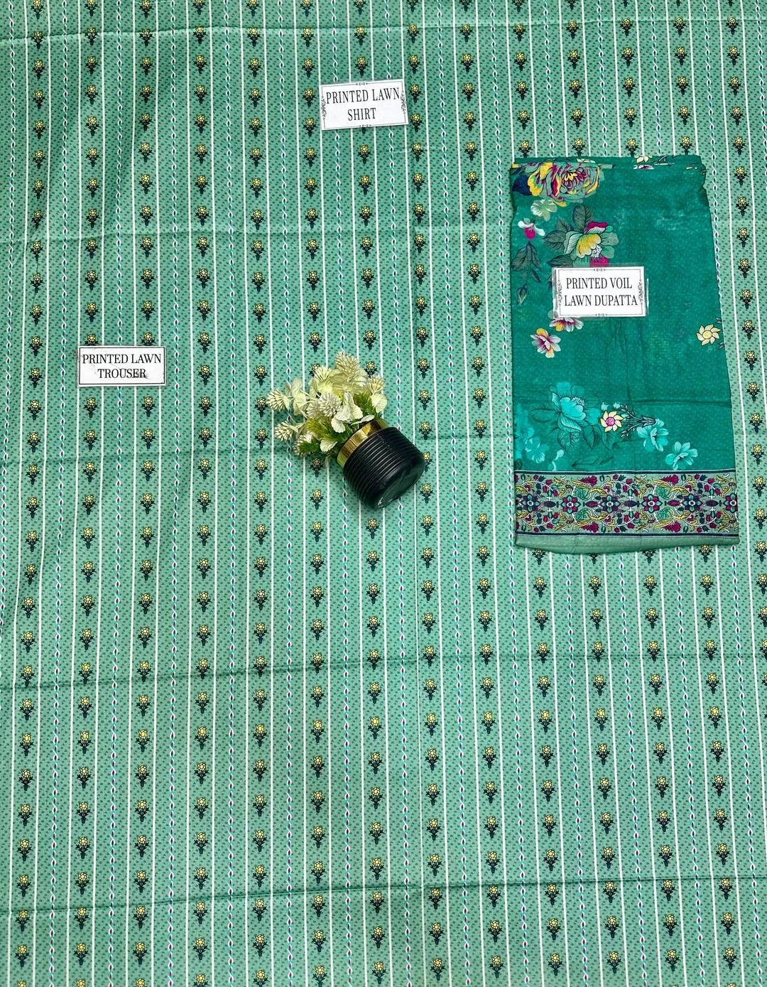 Green Printed Lawn 3-Piece Shirt Dupatta Trouser Set