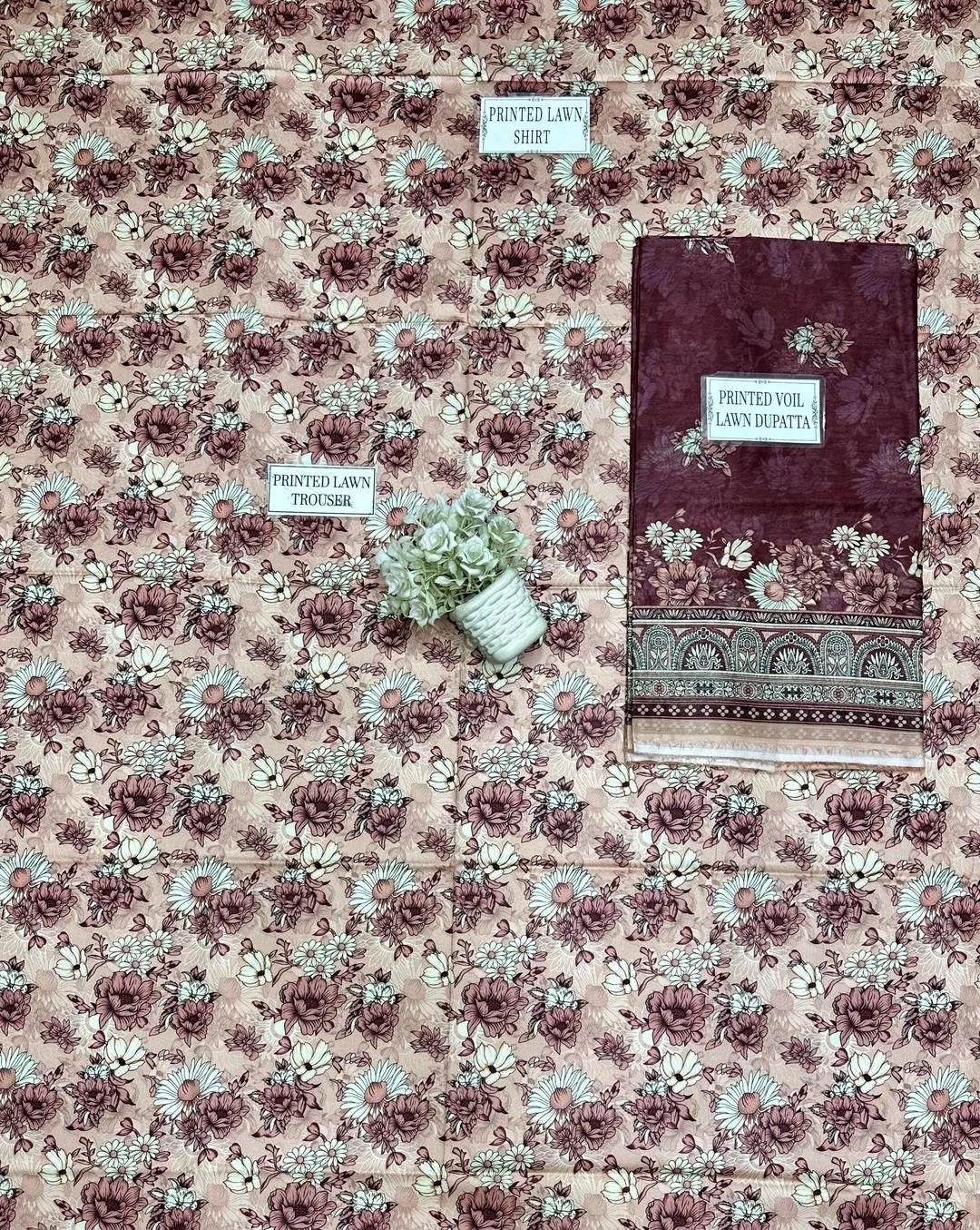 Unstitched Printed Lawn Suit Purple Cream Floral 3 Pcs