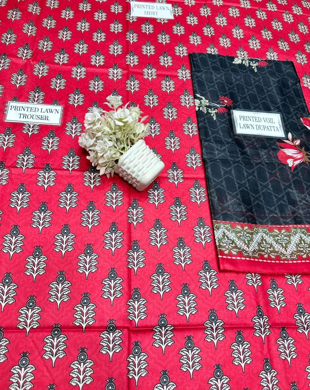 Women's 3-Piece Printed Lawn Suit Red Black White Unstitched