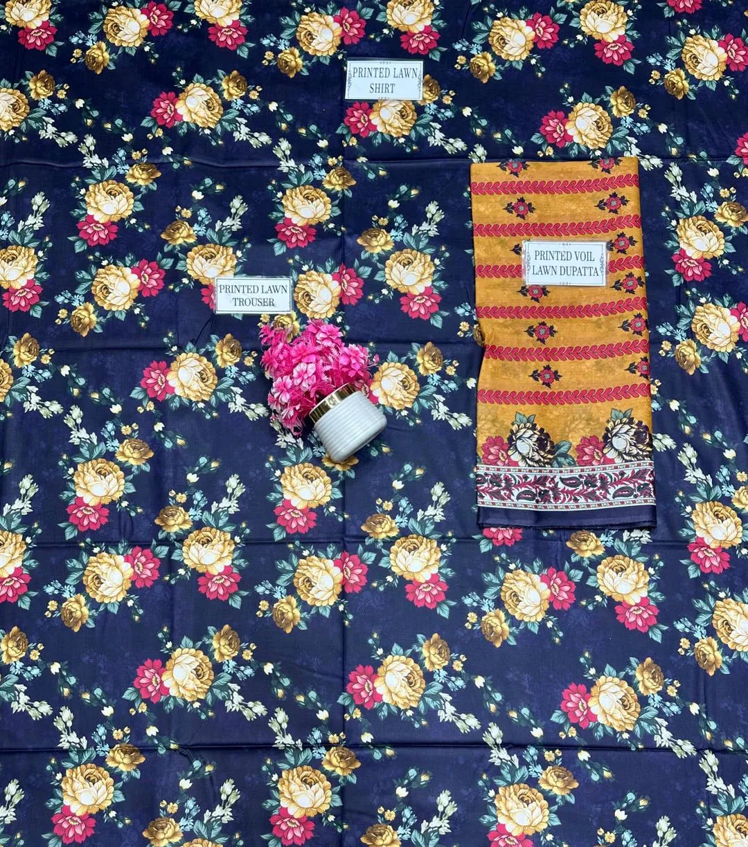 Unstitched Printed Lawn Suit Blue Floral Yellow Dupatta