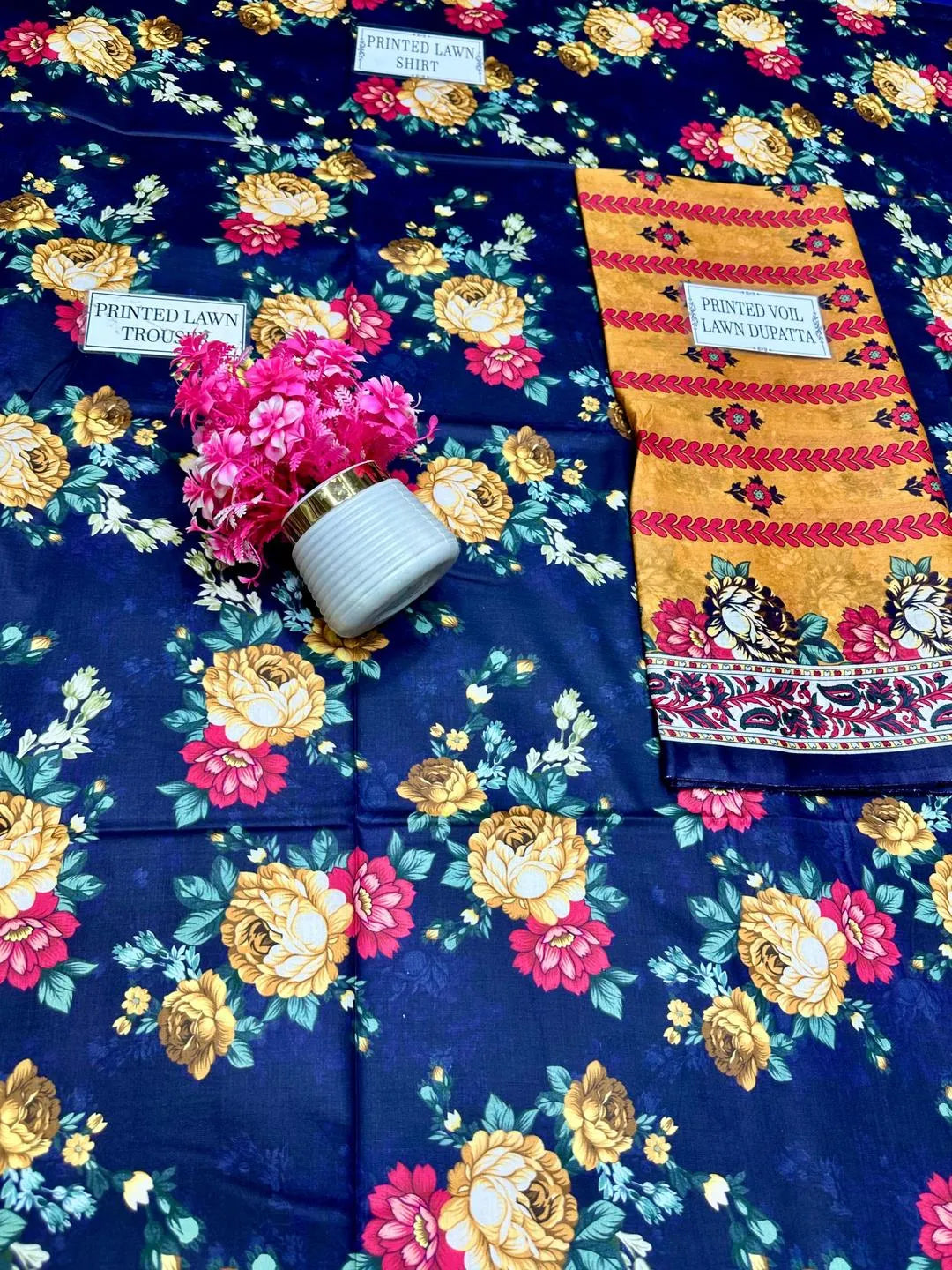 Unstitched Printed Lawn Suit Blue Floral Yellow Dupatta