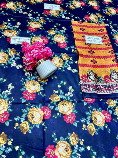 Unstitched Printed Lawn Suit Blue Floral Yellow Dupatta
