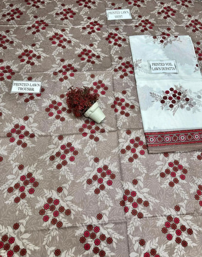3-Piece Printed Lawn Suit Grey Red White