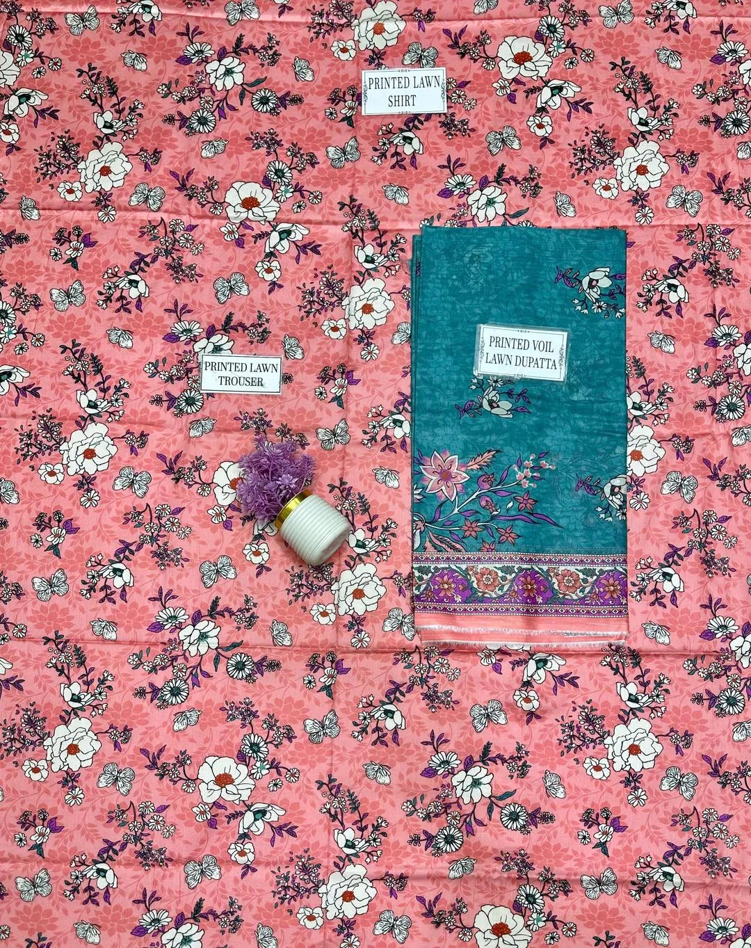 Unstitched Printed Lawn Suit Pink Floral Teal Dupatta