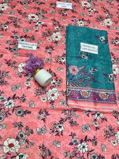 Unstitched Printed Lawn Suit Pink Floral Teal Dupatta