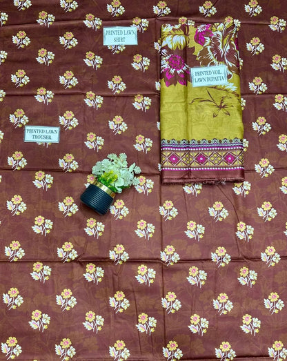 Women's 3-Piece Printed Lawn Suit Brown Floral