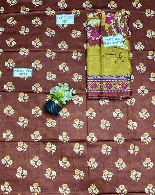 Women's 3-Piece Printed Lawn Suit Brown Floral