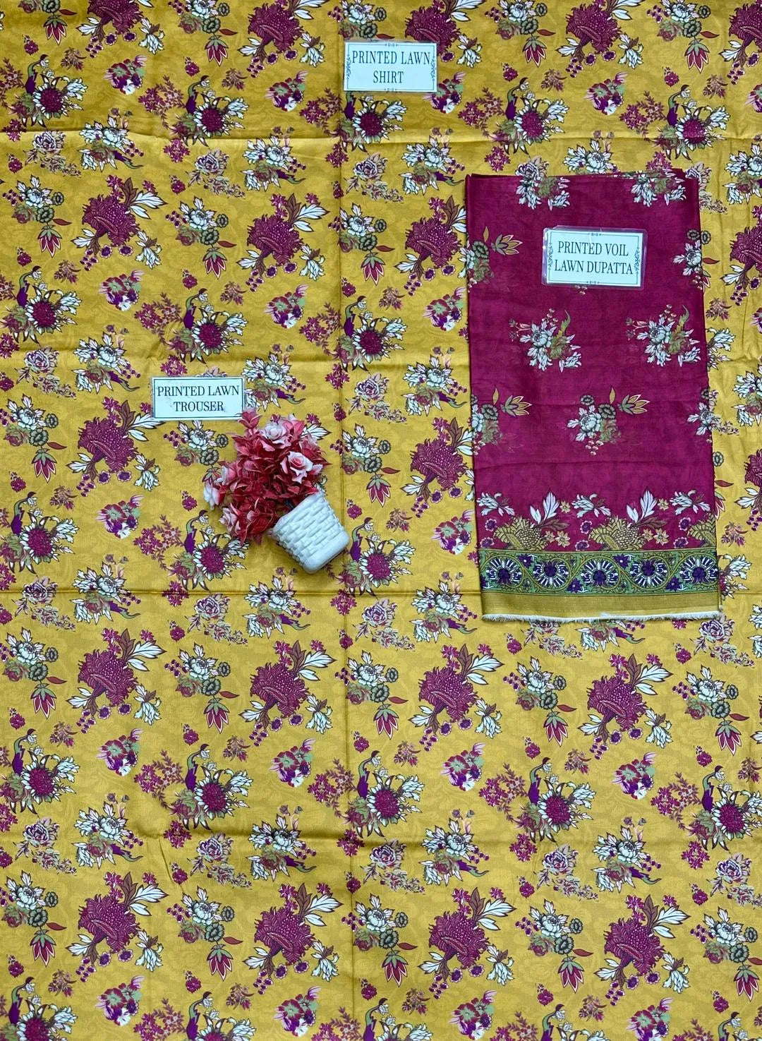 Unstitched Printed Lawn Suit Golden Floral Peacock Pattern