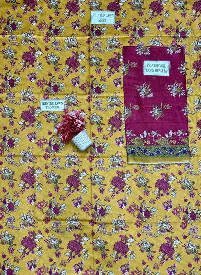 Unstitched Printed Lawn Suit Golden Floral Peacock Pattern